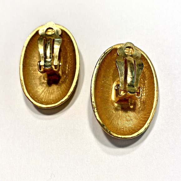 Clip On Earrings Chunky Gold Textured Ovals Y2K Boss Lady Mod Floral Rhinestones - Picture 4 of 7